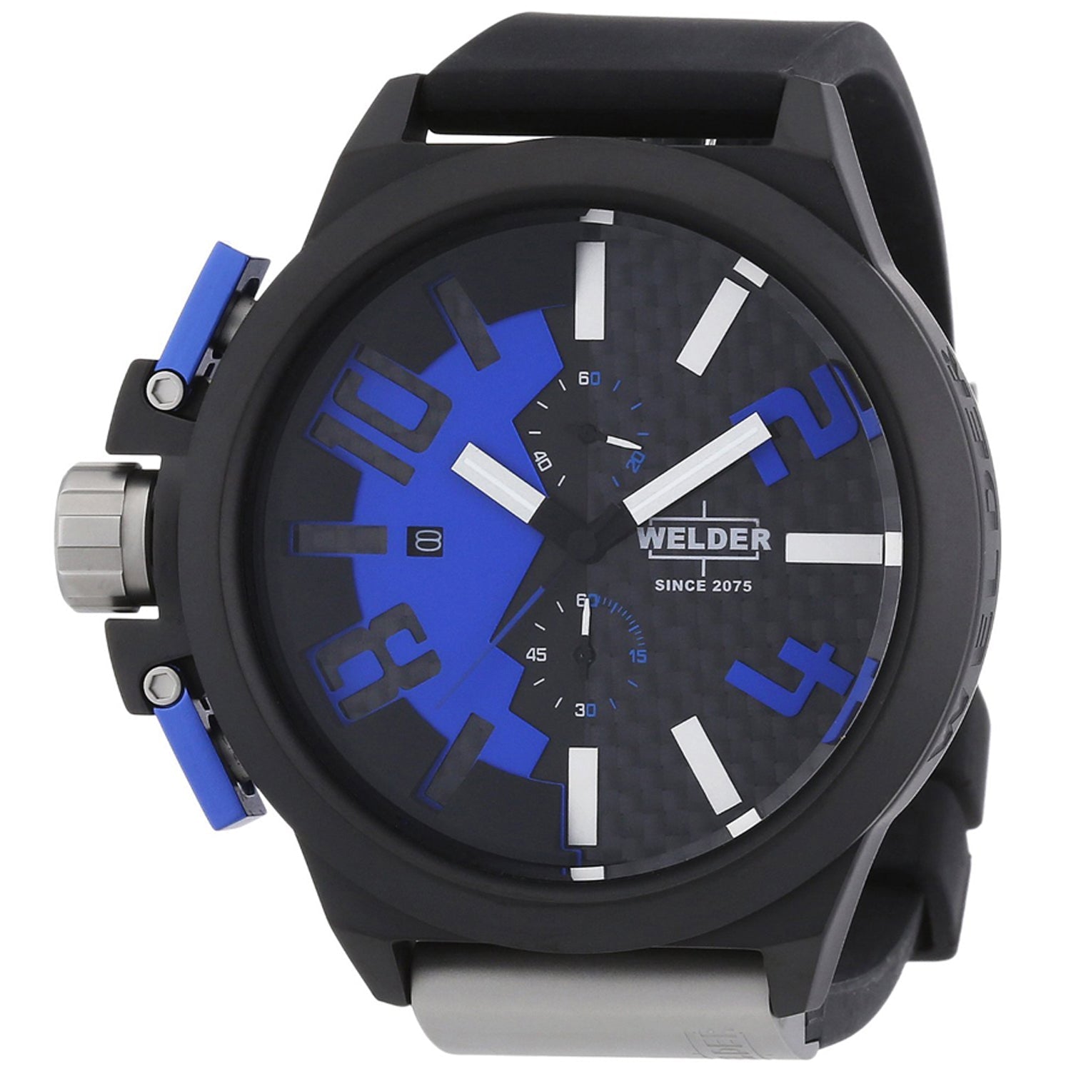 Welder by U-boat K35 Oversize Chronograph Black/Blue Dial Date Black PVD Steel Black Rubber Strap Mens Watch K35-2503 - Watches & Beyond