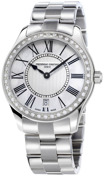 Watches - Womens-Frederique Constant-FC-220MPW3BD6B-35 - 40 mm, classics ladies quartz, date, diamonds / gems, frederique constant, mother-of-pearl, new arrivals, round, silver-tone, stainless steel band, stainless steel case, swiss quartz, watches, white, womens, womenswatches-Watches & Beyond