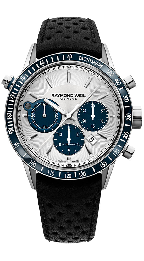 update alt-text with template Watches - Mens-Raymond Weil-7740-SC3-65521-12-hour display, 40 - 45 mm, chronograph, date, Freelancer, leather, mens, menswatches, Raymond Weil, round, seconds sub-dial, silver-tone, stainless steel case, swiss automatic, tachymeter, watches-Watches & Beyond