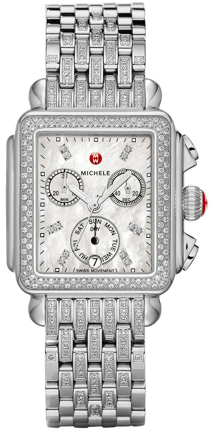 Watches - Womens-Michele-MWW06P000116-30 - 35 mm, 35 - 40 mm, chronograph, date, day, Deco, diamonds / gems, Michele, mother-of-pearl, new arrivals, rectangle, seconds sub-dial, stainless steel band, stainless steel case, swiss quartz, watches, white, womens, womenswatches-Watches & Beyond