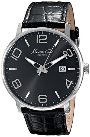 Misc.-Kenneth Cole-110012401-40 - 45 mm, black, date, Kenneth Cole, leather, mens, menswatches, quartz, round, stainless steel case, watches-Watches & Beyond
