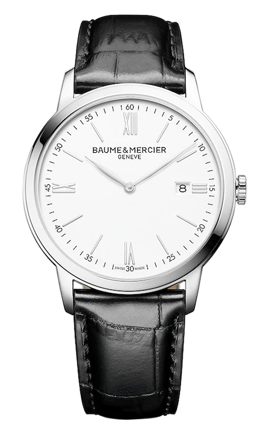 Watches - Mens-Baume & Mercier-M0A10414-40 - 45 mm, Baume & Mercier, Classima, date, leather, mens, menswatches, new arrivals, round, stainless steel case, swiss quartz, watches, white-Watches & Beyond