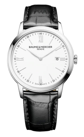 Watches - Mens-Baume & Mercier-M0A10414-40 - 45 mm, Baume & Mercier, Classima, date, leather, mens, menswatches, new arrivals, round, stainless steel case, swiss quartz, watches, white-Watches & Beyond