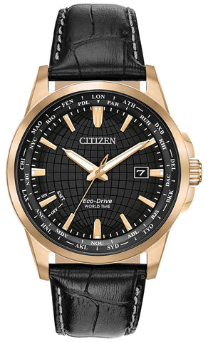 Watches - Mens-Citizen-BX1003-08E-40 - 45 mm, black, Citizen, date, leather, mens, menswatches, new arrivals, perpetual calendar, rose gold plated, summer time setting, watches, world time-Watches & Beyond