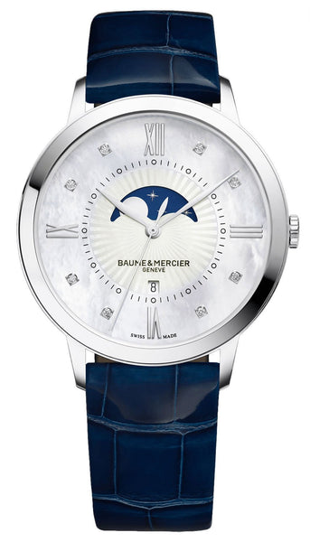 Watches - Womens-Baume & Mercier-M0A10226-35 - 40 mm, Baume & Mercier, Classima, date, diamonds / gems, leather, moonphase, mother-of-pearl, new arrivals, stainless steel case, swiss quartz, watches, white, womens, womenswatches-Watches & Beyond
