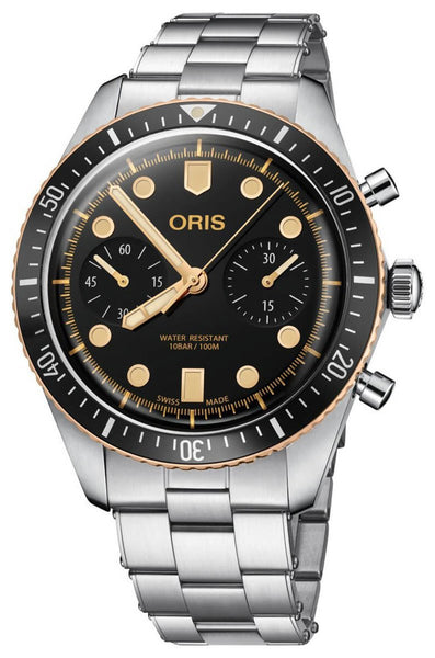 Watches - Mens-Oris-771 7744 4354-MB-40 - 45 mm, black, chronograph, Divers Sixty-Five, mens, menswatches, new arrivals, Oris, round, seconds sub-dial, stainless steel band, stainless steel case, swiss automatic, watches-Watches & Beyond