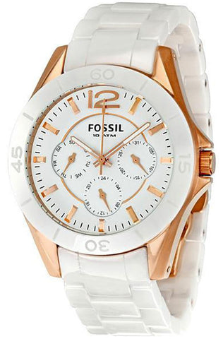 update alt-text with template Watches - Womens-Fossil-CE1006-A-24-hour display, 35 - 40 mm, ceramic band, date, day, Fossil, quartz, rose gold plated, round, watches, white, womens, womenswatches-Watches & Beyond