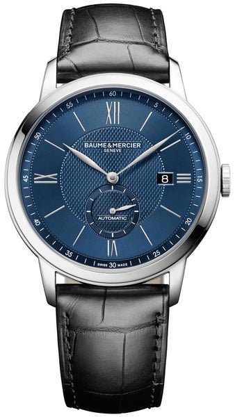 Watches - Mens-Baume & Mercier-M0A10480-40 - 45 mm, Baume & Mercier, blue, Classima, date, leather, mens, menswatches, new arrivals, round, seconds sub-dial, stainless steel case, swiss automatic, watches-Watches & Beyond