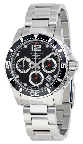 Watches - Mens-Longines-L37444566-12-hour display, 40 - 45 mm, black, chronograph, date, divers, HydroConquest, Longines, mens, menswatches, new arrivals, round, seconds sub-dial, stainless steel band, stainless steel case, swiss automatic, uni-directional rotating bezel, watches-Watches & Beyond