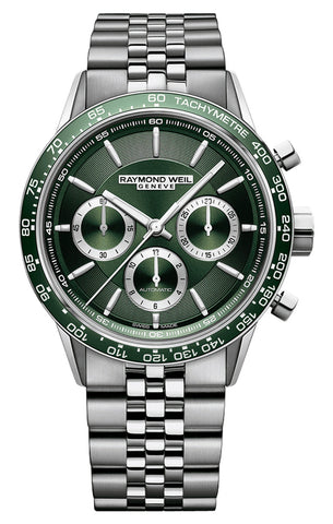 update alt-text with template Watches - Mens-Raymond Weil-7741-ST7-52021-12-hour display, 40 - 45 mm, chronograph, Freelancer, green, mens, menswatches, new arrivals, Raymond Weil, round, rpSKU_7730-STC-20021, rpSKU_7730-STC-65025, rpSKU_7731-SC1-65421, rpSKU_7740-SC3-65521, rpSKU_7740-STC-30001, seconds sub-dial, stainless steel band, stainless steel case, swiss automatic, tachymeter, watches-Watches & Beyond