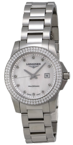 Watches - Womens-Longines-L32580876-25 - 30 mm, Conquest, date, diamonds / gems, Longines, Mother's Day, mother-of-pearl, round, stainless steel band, stainless steel case, swiss quartz, watches, white, womens, womenswatches-Watches & Beyond