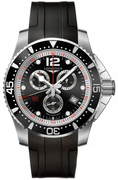Watches - Mens-Longines-L38434562-12-hour display, 45 - 50 mm, black, chronograph, date, divers, HydroConquest, Longines, mens, menswatches, new arrivals, round, rubber, seconds sub-dial, stainless steel case, swiss quartz, uni-directional rotating bezel, watches-Watches & Beyond
