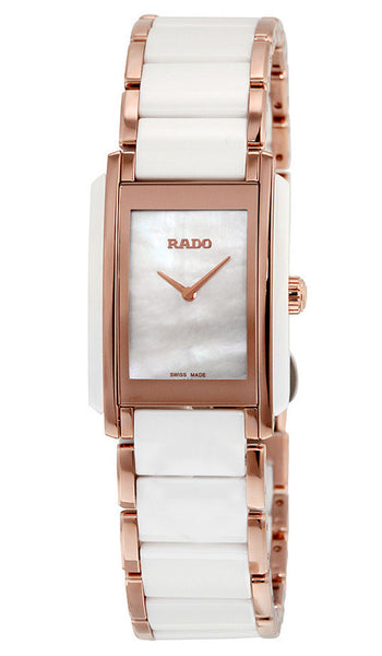 Watches - Womens-Rado-R20844902-20 - 25 mm, ceramic band, ceramic case, Integral, mother-of-pearl, Rado, rectangle, rose gold plated, rose gold plated band, swiss quartz, watches, white, womens, womenswatches-Watches & Beyond