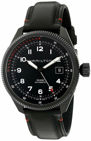 Watches - Mens-Hamilton-H76695733-40 - 45 mm, bi-directional rotating bezel, black, black PVD case, date, Hamilton, Khaki Aviation, leather, mens, menswatches, round, swiss automatic, watches-Watches & Beyond