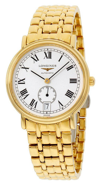 Watches - Mens-Longines-L48042118-30 - 35 mm, date, Longines, mens, menswatches, new arrivals, Presence, round, seconds sub-dial, swiss automatic, watches, white, yellow gold plated, yellow gold plated band-Watches & Beyond