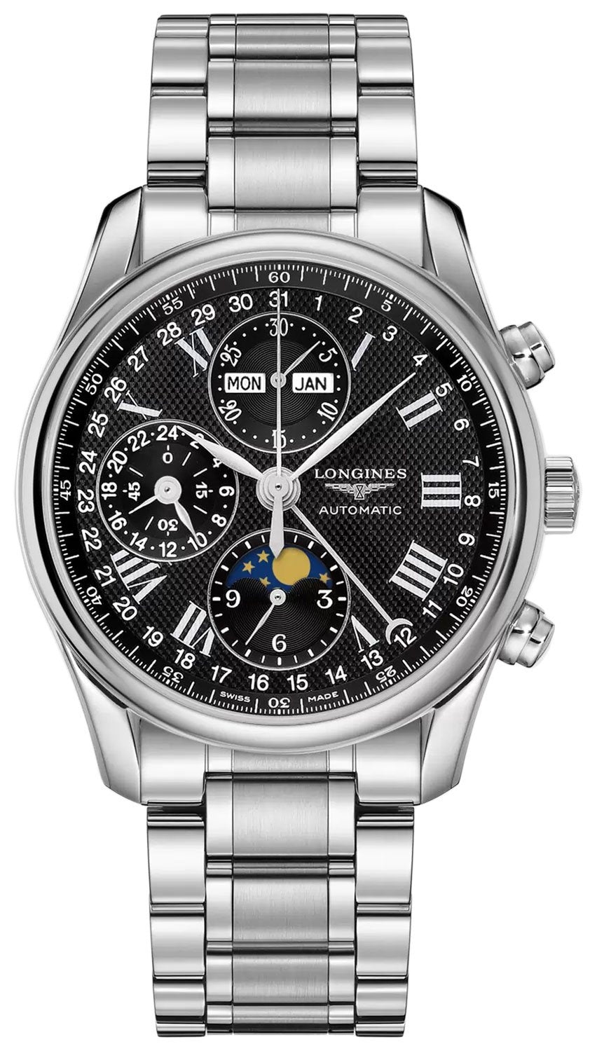 Watches - Mens-Longines-L26734516-12-hour display, 24-hour display, 35 - 40 mm, 40 - 45 mm, black, date, day, Longines, Master Collection, mens, menswatches, moonphase, new arrivals, round, seconds sub-dial, stainless steel band, stainless steel case, swiss automatic, watches-Watches & Beyond
