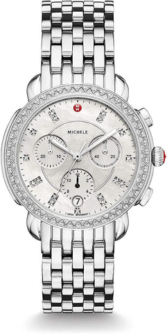 Watches - Womens-Michele-MWW30A000001-12-hour display, 35 - 40 mm, chronograph, date, diamonds / gems, Michele, mother-of-pearl, new arrivals, round, seconds sub-dial, Sidney, stainless steel band, stainless steel case, swiss quartz, watches, white, womens, womenswatches-Watches & Beyond