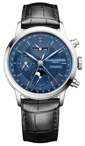 Watches - Mens-Baume & Mercier-M0A10484-12-hour display, 24-hour display, 40 - 45 mm, Baume & Mercier, blue, chronograph, Classima, date, day, leather, mens, menswatches, month, moonphase, new arrivals, round, seconds sub-dial, stainless steel case, swiss automatic, watches-Watches & Beyond
