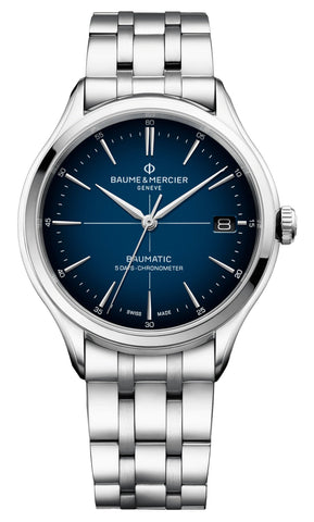 Watches - Mens-Baume & Mercier-M0A10468-35 - 40 mm, 40 - 45 mm, Baume & Mercier, blue, Clifton, COSC, date, mens, menswatches, new arrivals, round, stainless steel band, stainless steel case, swiss automatic, watches-Watches & Beyond