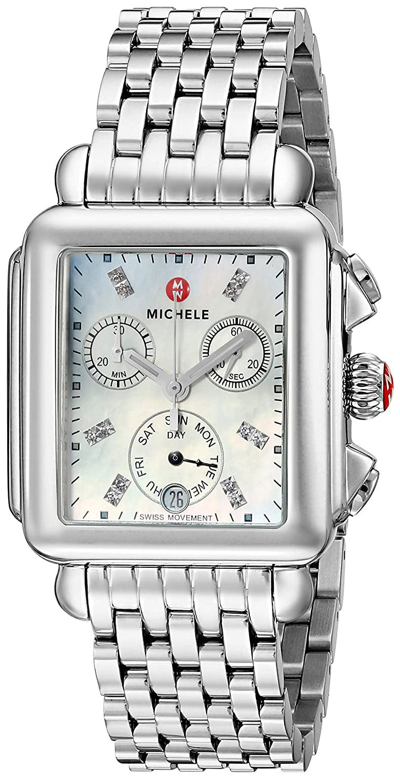 Watches - Womens-Michele-MWW06P000014-30 - 35 mm, 35 - 40 mm, chronograph, date, day, Deco, diamonds / gems, Michele, mother-of-pearl, new arrivals, rectangle, seconds sub-dial, stainless steel band, stainless steel case, swiss quartz, watches, white, womens, womenswatches-Watches & Beyond