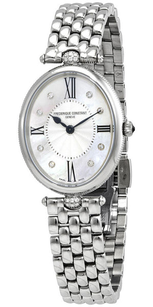 Watches - Womens-Frederique Constant-FC-200MPWD3VD6B-25 - 30 mm, 30 - 35 mm, Classics Art Deco, diamonds / gems, Frederique Constant, mother-of-pearl, new arrivals, oval, silver-tone, stainless steel band, stainless steel case, swiss quartz, watches, white, womens, womenswatches-Watches & Beyond