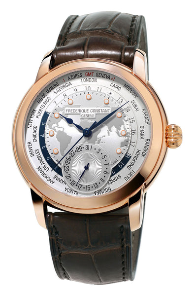 Watches - Mens-Frederique Constant-FC-718WM4H4-40 - 45 mm, date, Frederique Constant, GMT, leather, Manufacture, mens, menswatches, rose gold plated, round, silver-tone, watches-Watches & Beyond