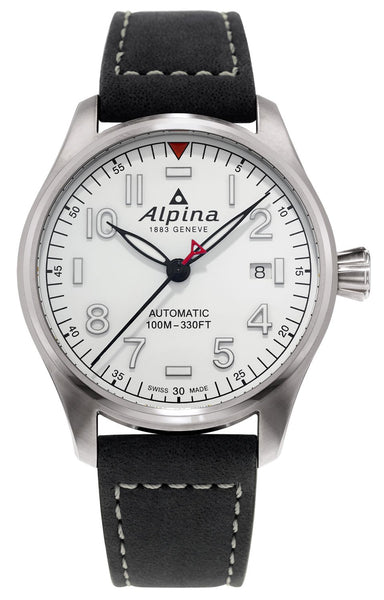 Watches - Mens-Alpina-AL-525S4S6-40 - 45 mm, Alpina, date, leather, mens, menswatches, new arrivals, round, stainless steel case, Startimer Pilot, swiss automatic, watches, white-Watches & Beyond
