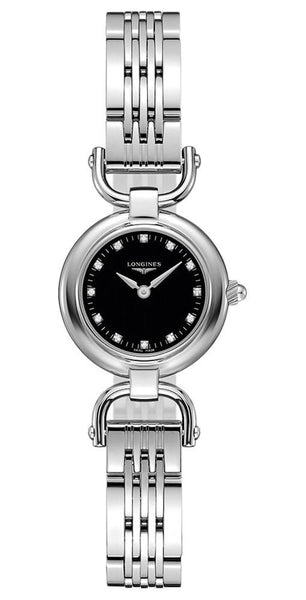 Watches - Womens-Longines-L61294576-20 - 25 mm, black, diamonds / gems, Equestrian, Longines, new arrivals, round, stainless steel band, stainless steel case, swiss quartz, watches, womens, womenswatches-Watches & Beyond