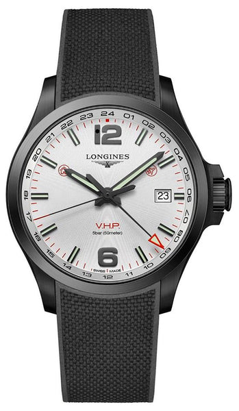 Watches - Mens-Longines-L37282769-40 - 45 mm, black PVD case, Conquest, date, GMT, Longines, mens, menswatches, new arrivals, perpetual calendar, round, rubber, silver-tone, swiss quartz, watches-Watches & Beyond