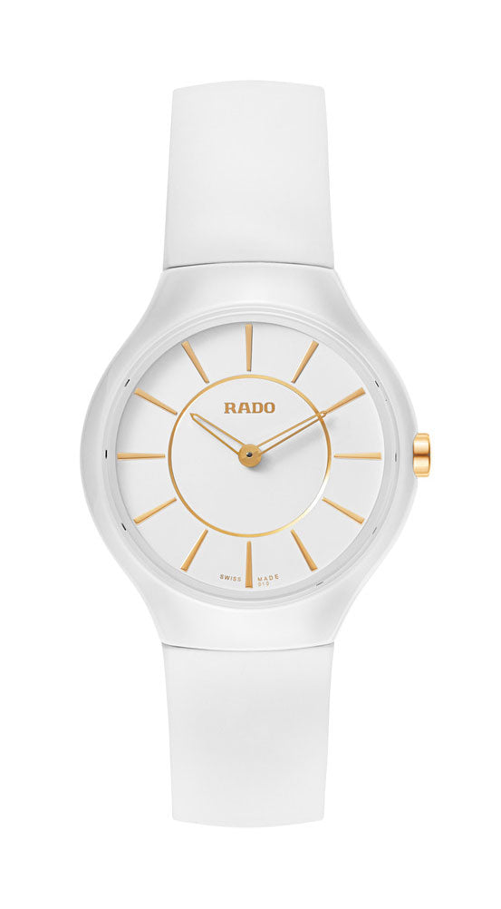 Watches - Womens-Rado-R27958109-25 - 30 mm, 30 - 35 mm, ceramic case, Mother's Day, Rado, round, rubber, swiss quartz, True Thinline, watches, white, womens, womenswatches-Watches & Beyond