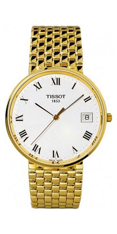 Watches - Mens-Tissot-T73.2.403.13-30 - 35 mm, date, Goldrun, mens, menswatches, new arrivals, round, swiss quartz, Tissot, watches, white, yellow gold band, yellow gold case-Watches & Beyond