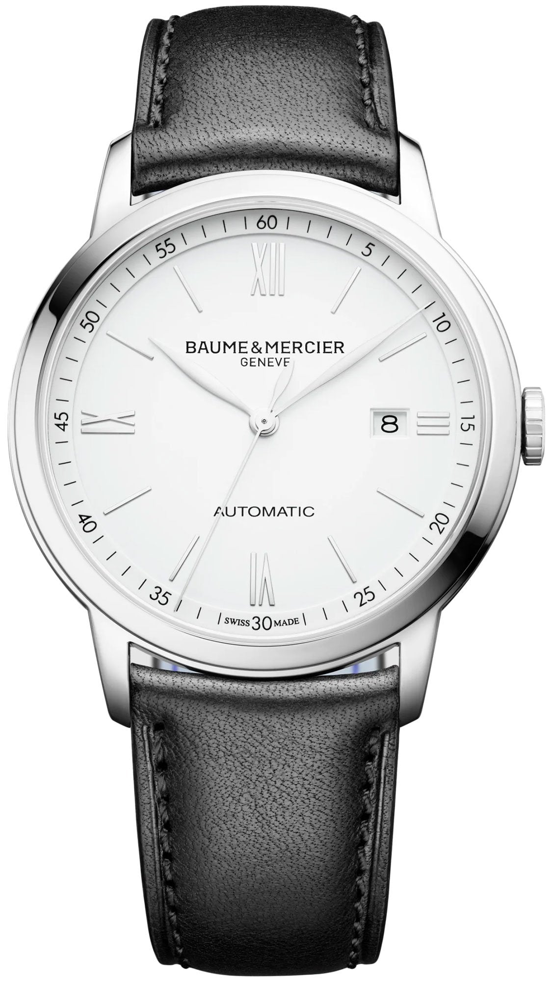 Watches - Mens-Baume & Mercier-M0A10332-40 - 45 mm, Baume & Mercier, Classima, date, leather, mens, menswatches, new arrivals, round, stainless steel case, swiss automatic, watches, white-Watches & Beyond