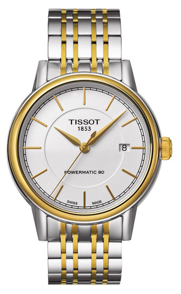 Watches - Mens-Tissot-T085.407.22.011.00-35 - 40 mm, 40 - 45 mm, Carson, date, mens, menswatches, powermatic 80, round, stainless steel band, stainless steel case, swiss automatic, Tissot, two-tone band, two-tone case, watches, white, yellow gold plated band-Watches & Beyond