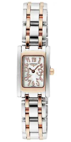 Watches - Womens-Longines-L51585977-25 - 30 mm, DolceVita, Longines, mother-of-pearl, new arrivals, rectangle, rose gold band, stainless steel band, stainless steel case, swiss quartz, two-tone band, two-tone case, watches, white, womens, womenswatches-Watches & Beyond