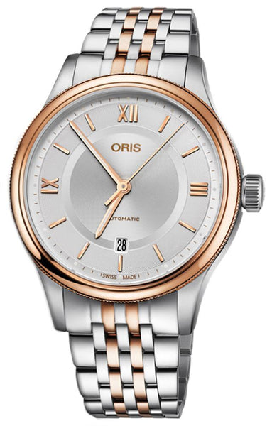 update alt-text with template Watches - Mens-Oris-733 7719 4371-MB-40 - 45 mm, Classic, date, day, mens, menswatches, new arrivals, Oris, rose gold plated, rose gold plated band, round, silver-tone, stainless steel band, stainless steel case, swiss automatic, two-tone band, two-tone case, watches-Watches & Beyond