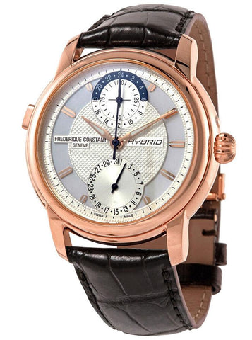 Watches - Mens-Frederique Constant-FC-750V4H4-24-hour display, 40 - 45 mm, Classic Hybrid Manufacture, date, dual time zone, Frederique Constant, leather, Manufacture, mens, menswatches, new arrivals, rose gold plated, round, silver-tone, smartwatch, swiss automatic, watches, world time-Watches & Beyond