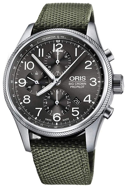 Watches - Mens-Oris-774 7699 4063-FS-Green-12-hour display, 40 - 45 mm, Big Crown ProPilot, canvas, chronograph, date, gray, mens, menswatches, new arrivals, nylon, Oris, round, seconds sub-dial, stainless steel case, swiss automatic, watches-Watches & Beyond