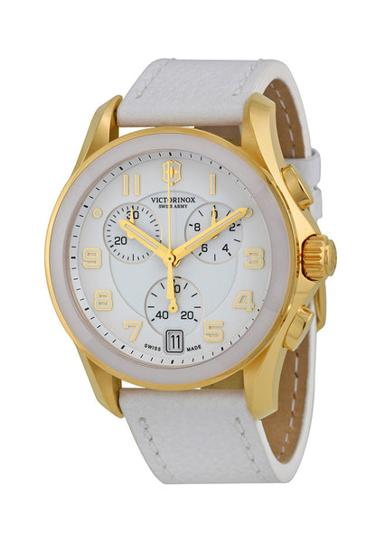 Watches - Womens-Victorinox Swiss Army-241511-40 - 45 mm, chrono classic, chronograph, Classic Chrono, date, leather, Mother's Day, round, seconds sub-dial, swiss quartz, Victorinox Swiss Army, watches, white, womens, womenswatches, yellow gold plated-Watches & Beyond