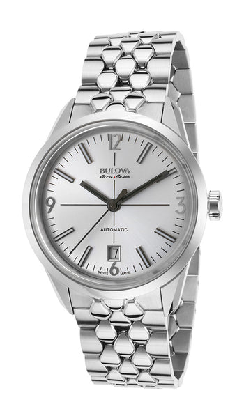 Watches - Mens-Bulova-63B177-35 - 40 mm, 40 - 45 mm, Accu-Swiss, Bulova, date, mens, menswatches, round, silver-tone, stainless steel band, stainless steel case, swiss automatic, watches-Watches & Beyond