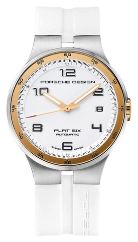 Watches - Mens-Porsche Design-6351.47.64.1256-35 - 40 mm, 40 - 45 mm, date, diamonds / gems, Flat Six, gold-tone, mens, menswatches, Porsche Design, round, rubber, stainless steel case, swiss automatic, watches, white-Watches & Beyond