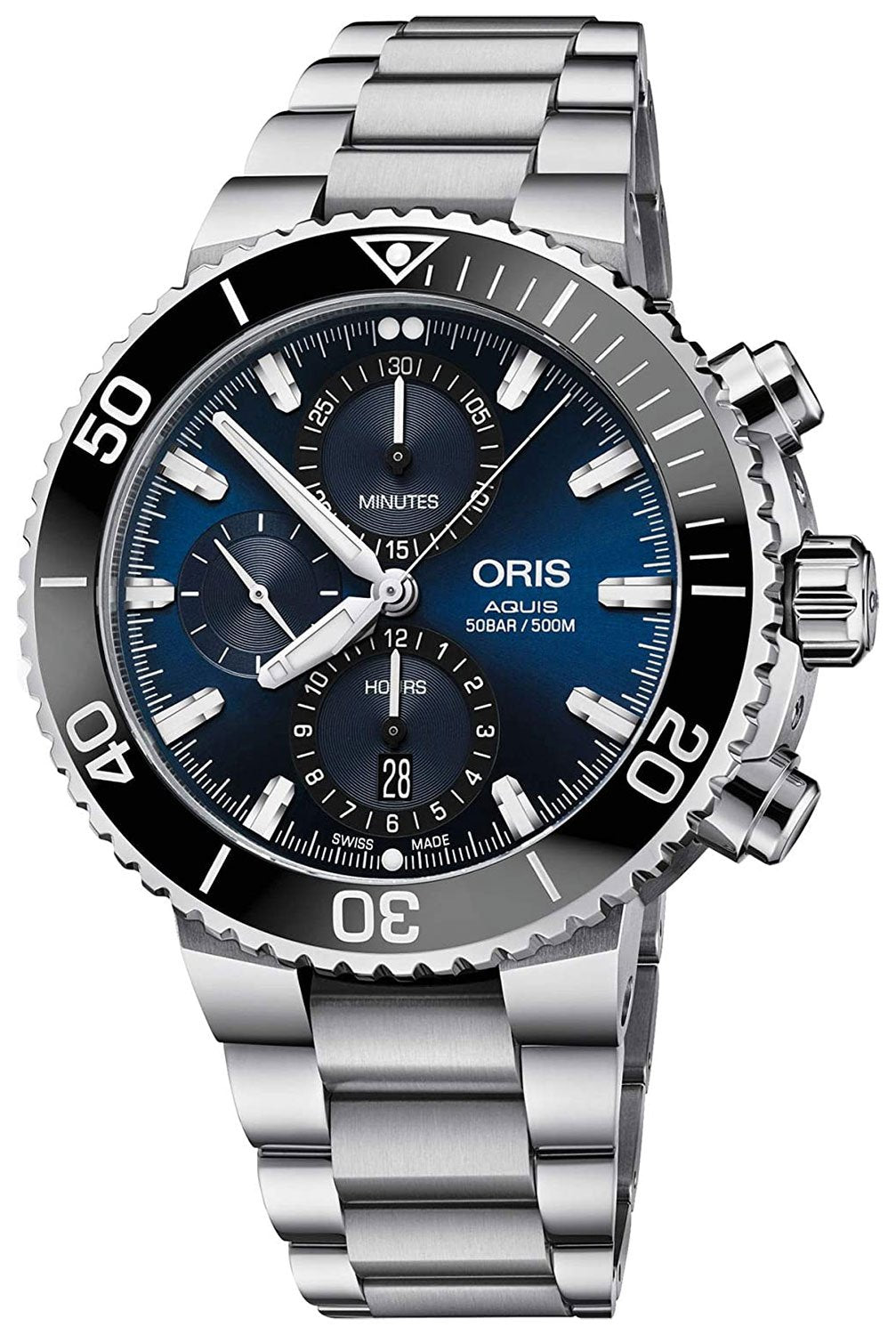 Watches - Mens-Oris-774 7743 4155-MB-12-hour display, 40 - 45 mm, 45 - 50 mm, Aquis, blue, chronograph, date, divers, mens, menswatches, new arrivals, Oris, round, seconds sub-dial, stainless steel band, stainless steel case, swiss automatic, watches-Watches & Beyond