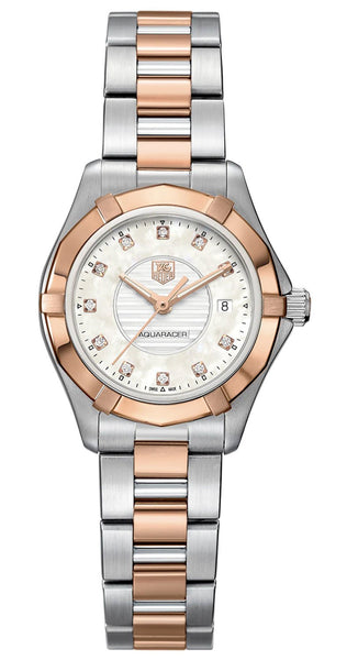 Watches - Womens-Tag Heuer-WAP1451.BD0837-25 - 30 mm, Aquaracer, date, diamonds / gems, Mother's Day, mother-of-pearl, new arrivals, rose gold band, round, stainless steel band, stainless steel case, swiss quartz, TAG Heuer, two-tone band, two-tone case, watches, white, womens, womenswatches-Watches & Beyond
