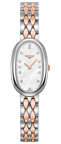 Watches - Womens-Longines-L23055877-25 - 30 mm, diamonds / gems, Longines, mother-of-pearl, new arrivals, rose gold band, stainless steel case, swiss quartz, Symphonette, two-tone band, watches, white, womens, womenswatches-Watches & Beyond