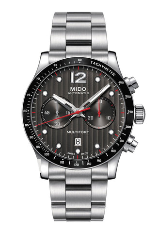 Watches - Mens-Mido-M025.627.11.061.00-40 - 45 mm, black, chronograph, date, mens, menswatches, Mido, Multifort, new arrivals, round, seconds sub-dial, stainless steel band, stainless steel case, swiss automatic, tachymeter scale, watches-Watches & Beyond