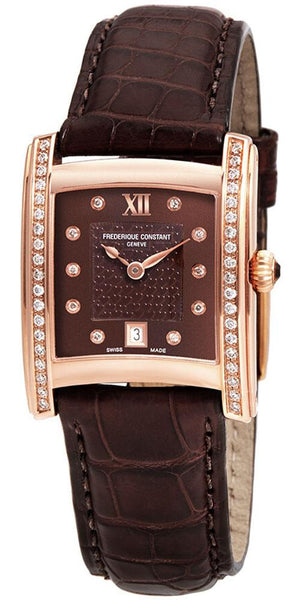 Watches - Womens-Frederique Constant-FC-220CHD2ECD4-A-25 - 30 mm, brown, date, Delight Carree, diamonds / gems, Frederique Constant, leather, Mother's Day, new arrivals, rose gold plated, square, swiss quartz, watches, womens, womenswatches-Watches & Beyond
