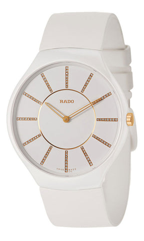 Watches - Womens-Rado-R27957709-ceramic case, diamonds, Mother's Day, Rado, round, rubber, swiss quartz, True Thinline, watches, white, womens, womenswatches-Watches & Beyond