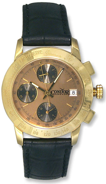Watches - Mens-Condor-GS2004-35 - 40 mm, chronograph, Condor, copper-tone, date, leather, mens, menswatches, round, swiss automatic, tachymeter, watches, yellow gold case-Watches & Beyond