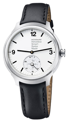 Watches - Mens-Mondaine-MH1.B2S10.LB-40 - 45 mm, date, Helvetica No 1, leather, mens, menswatches, Mondaine, round, smartwatch, stainless steel case, swiss quartz, watches, white-Watches & Beyond