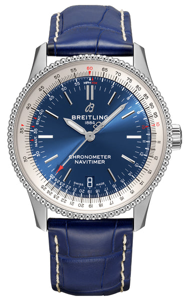 update alt-text with template Watches - Mens-Breitling-A17325211C1P1-35 - 40 mm, bi-directional rotating bezel, blue, Breitling, COSC, date, leather, mens, menswatches, Navitimer, new arrivals, round, stainless steel case, swiss automatic, watches-Watches & Beyond