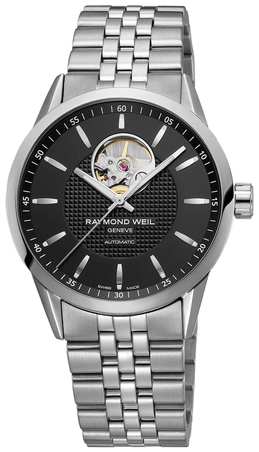update alt-text with template Watches - Mens-Raymond Weil-2710-ST-20021-40 - 45 mm, black, Freelancer, mens, menswatches, new arrivals, open heart, Raymond Weil, round, stainless steel band, stainless steel case, swiss automatic, watches-Watches & Beyond